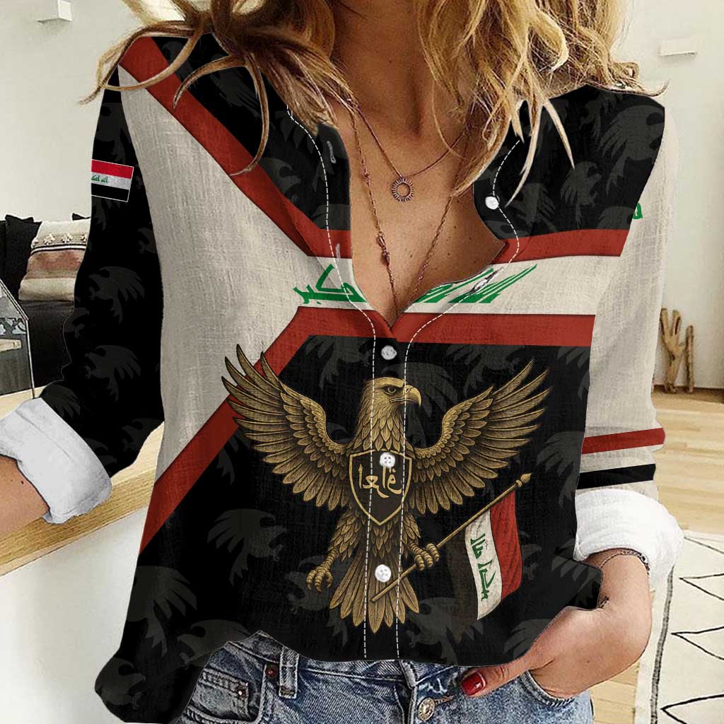 Iraq Golden Eagle Emblem Women Casual Shirt with Flag Stripes and National Arabic Script Design - Wonder Print Shop