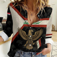 Iraq Golden Eagle Emblem Women Casual Shirt with Flag Stripes and National Arabic Script Design - Wonder Print Shop