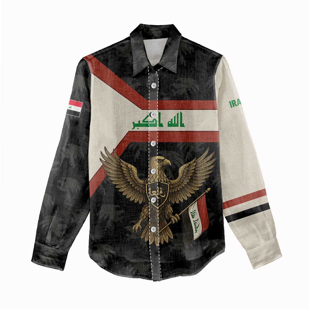 Iraq Golden Eagle Emblem Women Casual Shirt with Flag Stripes and National Arabic Script Design - Wonder Print Shop