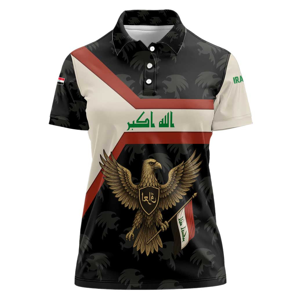 Iraq Golden Eagle Emblem Women Polo Shirt with Flag Stripes and National Arabic Script Design - Wonder Print Shop