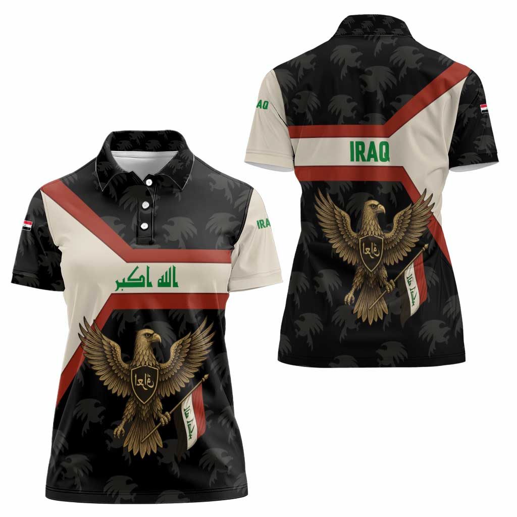 Iraq Golden Eagle Emblem Women Polo Shirt with Flag Stripes and National Arabic Script Design - Wonder Print Shop