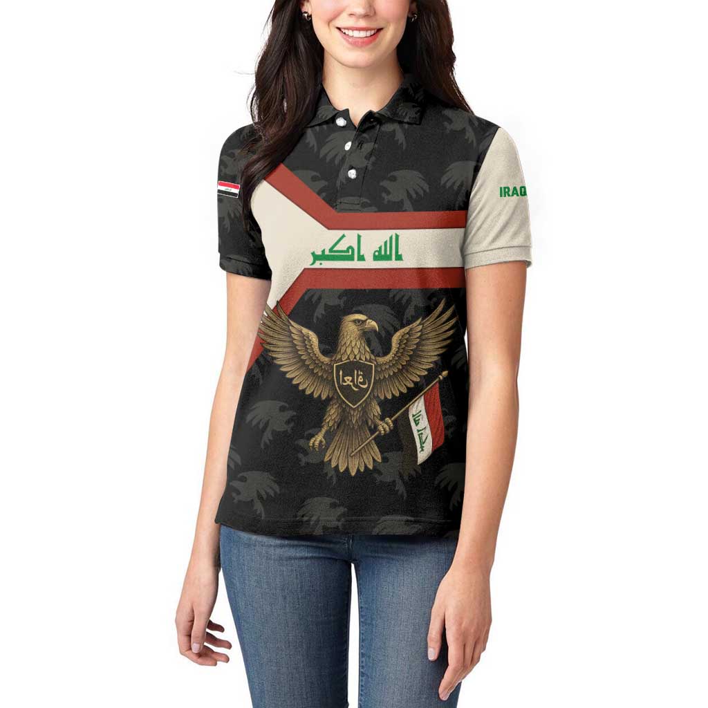 Iraq Golden Eagle Emblem Women Polo Shirt with Flag Stripes and National Arabic Script Design - Wonder Print Shop