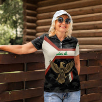 Iraq Golden Eagle Emblem Women Polo Shirt with Flag Stripes and National Arabic Script Design - Wonder Print Shop