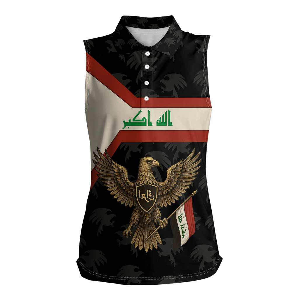 Iraq Golden Eagle Emblem Women Sleeveless Polo Shirt with Flag Stripes and National Arabic Script Design - Wonder Print Shop