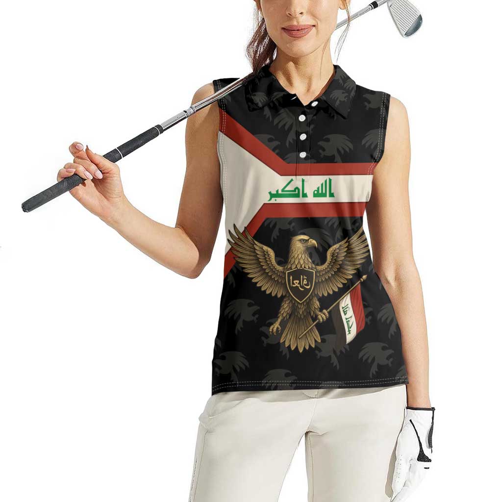Iraq Golden Eagle Emblem Women Sleeveless Polo Shirt with Flag Stripes and National Arabic Script Design - Wonder Print Shop