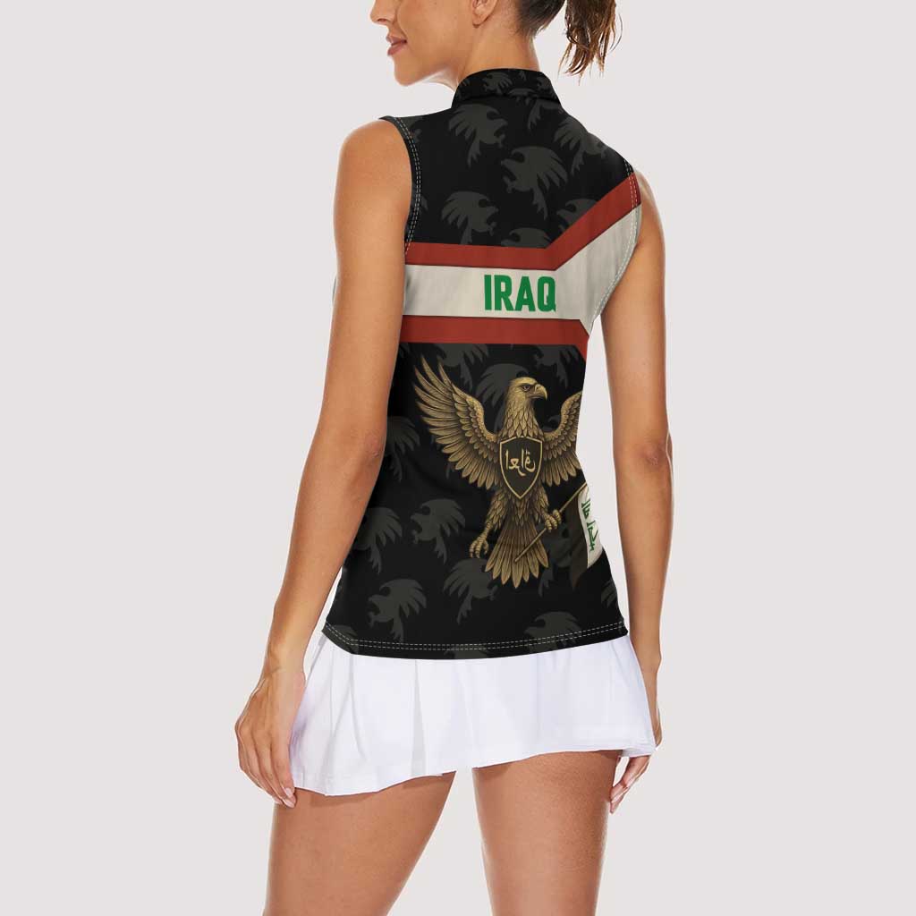 Iraq Golden Eagle Emblem Women Sleeveless Polo Shirt with Flag Stripes and National Arabic Script Design - Wonder Print Shop