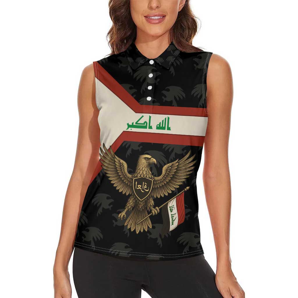 Iraq Golden Eagle Emblem Women Sleeveless Polo Shirt with Flag Stripes and National Arabic Script Design - Wonder Print Shop