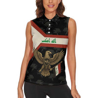 Iraq Golden Eagle Emblem Women Sleeveless Polo Shirt with Flag Stripes and National Arabic Script Design - Wonder Print Shop