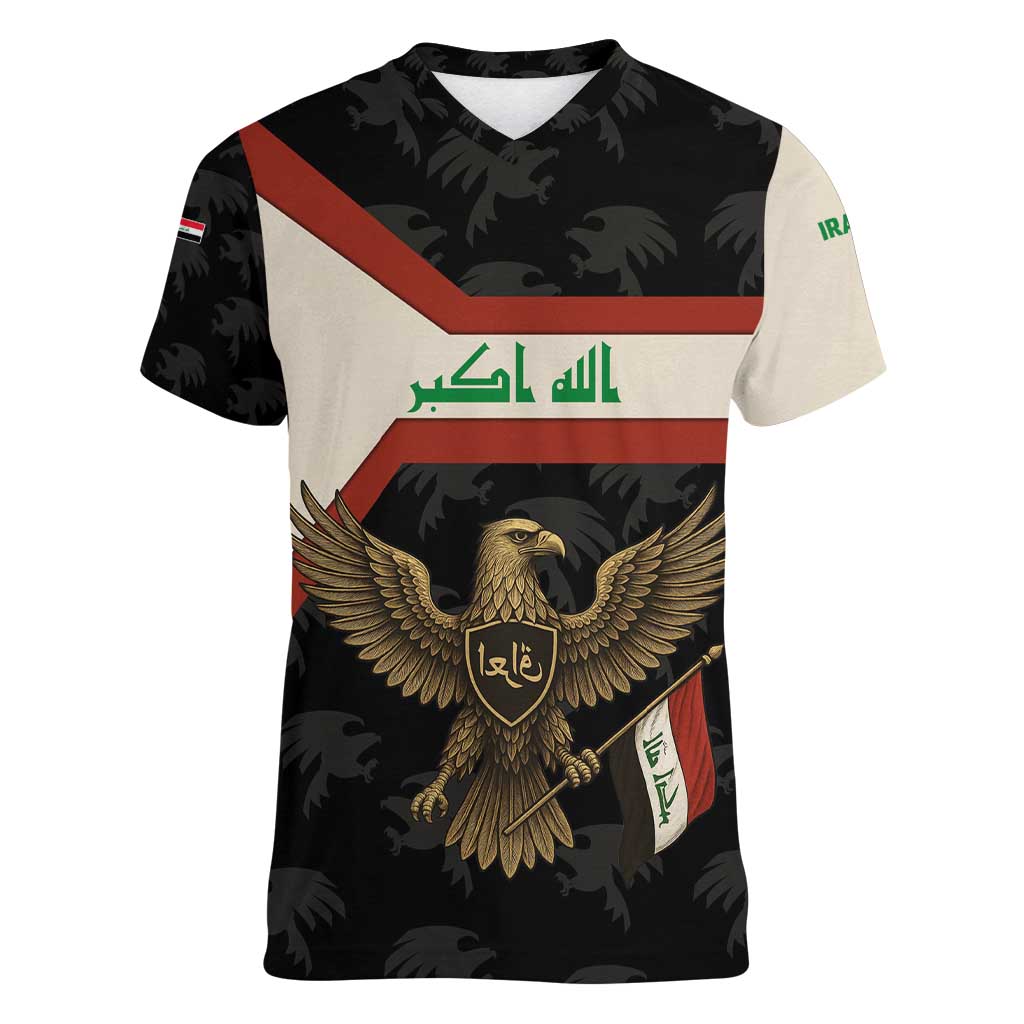 Iraq Golden Eagle Emblem Women V-Neck T-Shirt with Flag Stripes and National Arabic Script Design - Wonder Print Shop