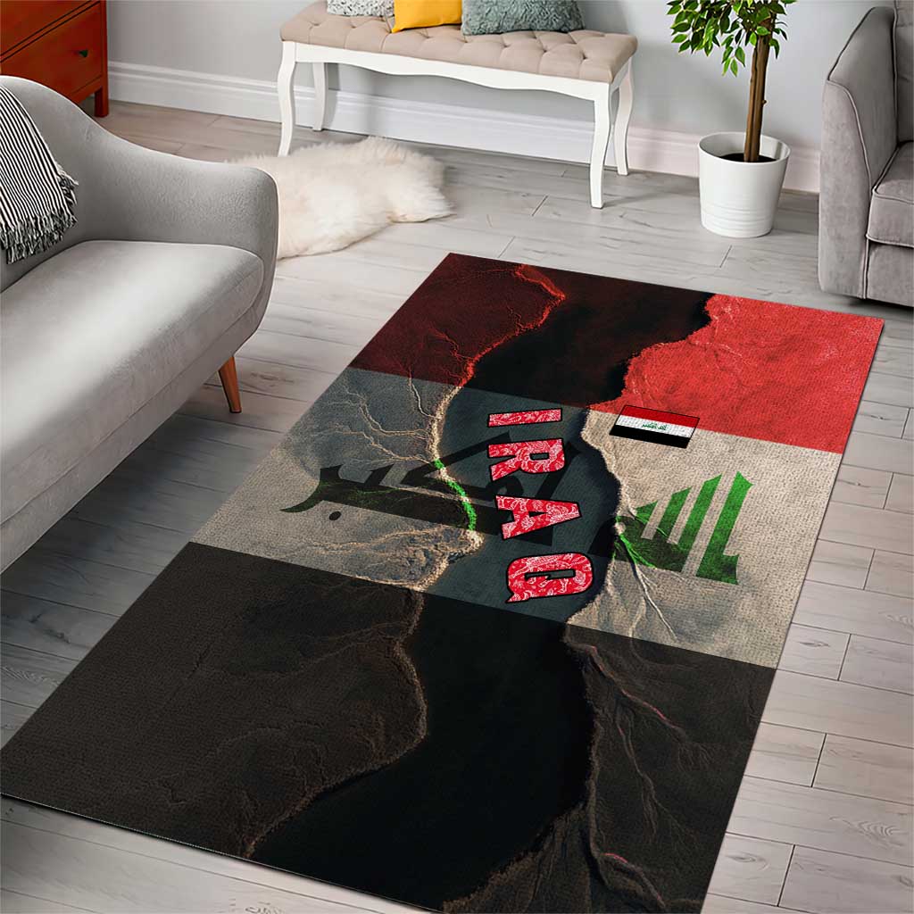 Iraq Flag Texture Area Rug with Golden Eagle Emblem and Cracked Earth Background Design - Wonder Print Shop