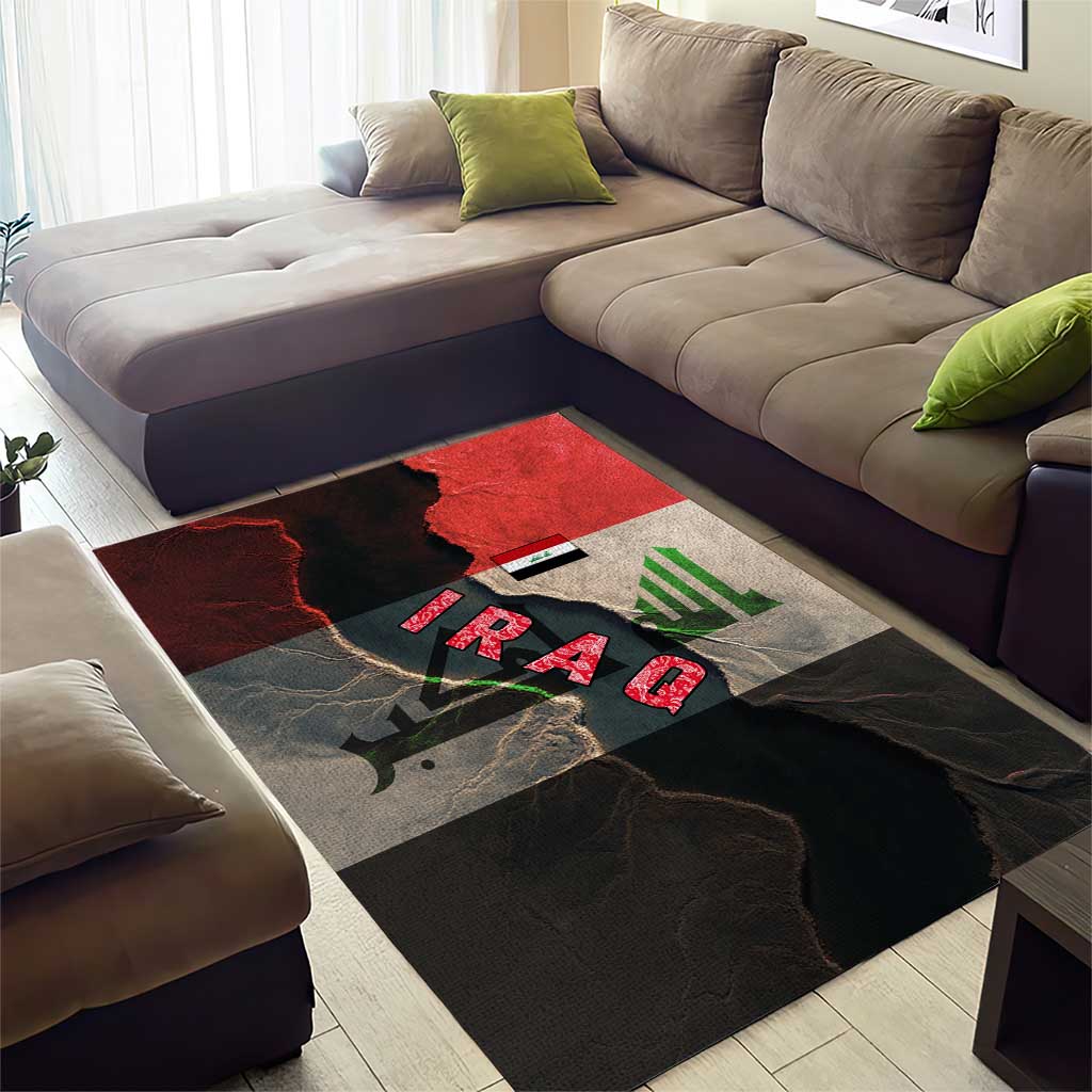 Iraq Flag Texture Area Rug with Golden Eagle Emblem and Cracked Earth Background Design - Wonder Print Shop