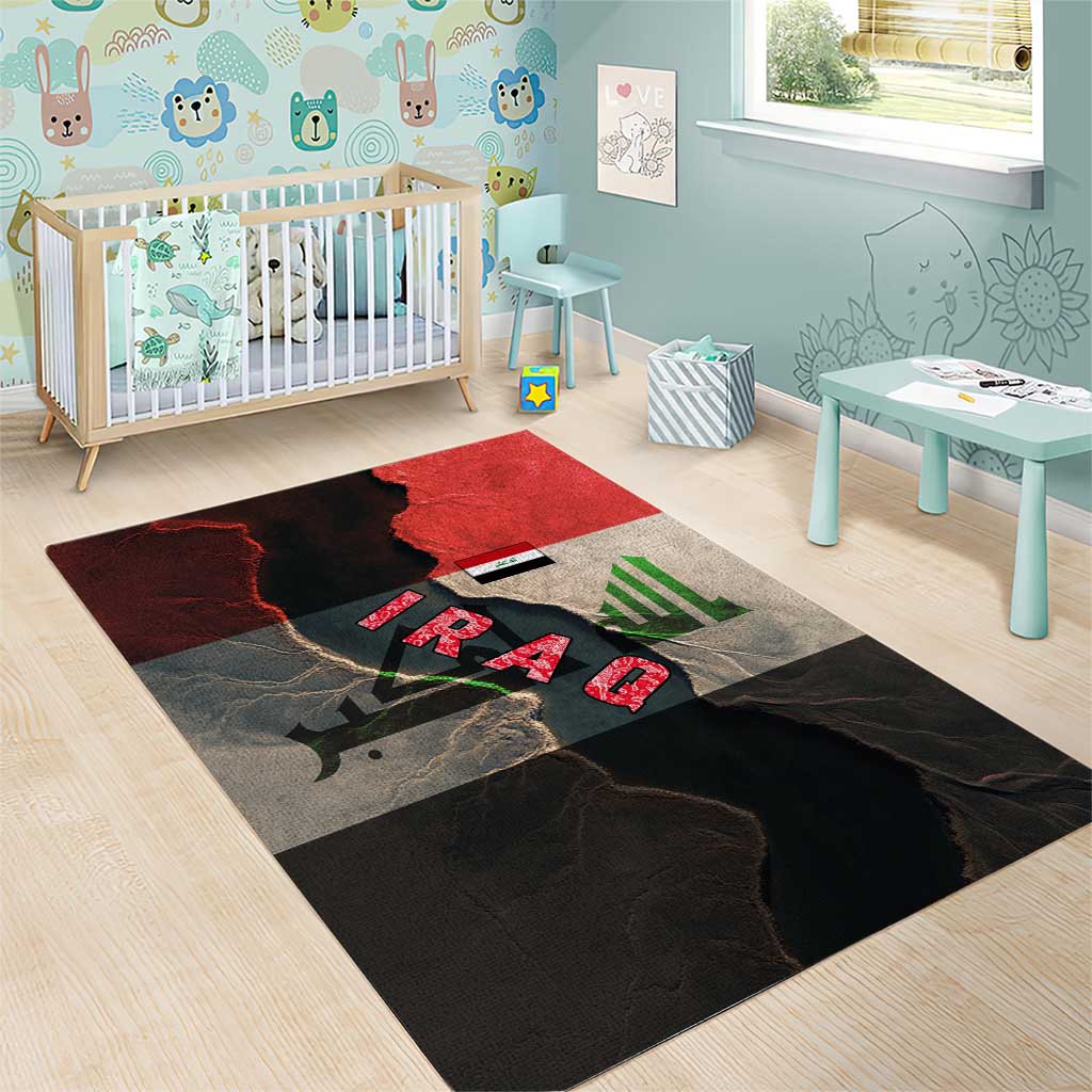 Iraq Flag Texture Area Rug with Golden Eagle Emblem and Cracked Earth Background Design - Wonder Print Shop