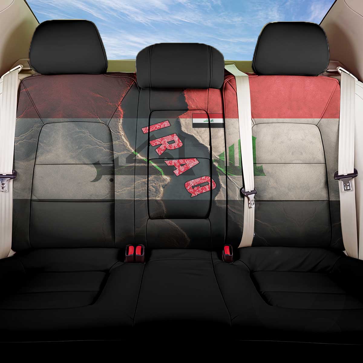 Iraq Flag Texture Back Car Seat Cover with Golden Eagle Emblem and Cracked Earth Background Design - Wonder Print Shop