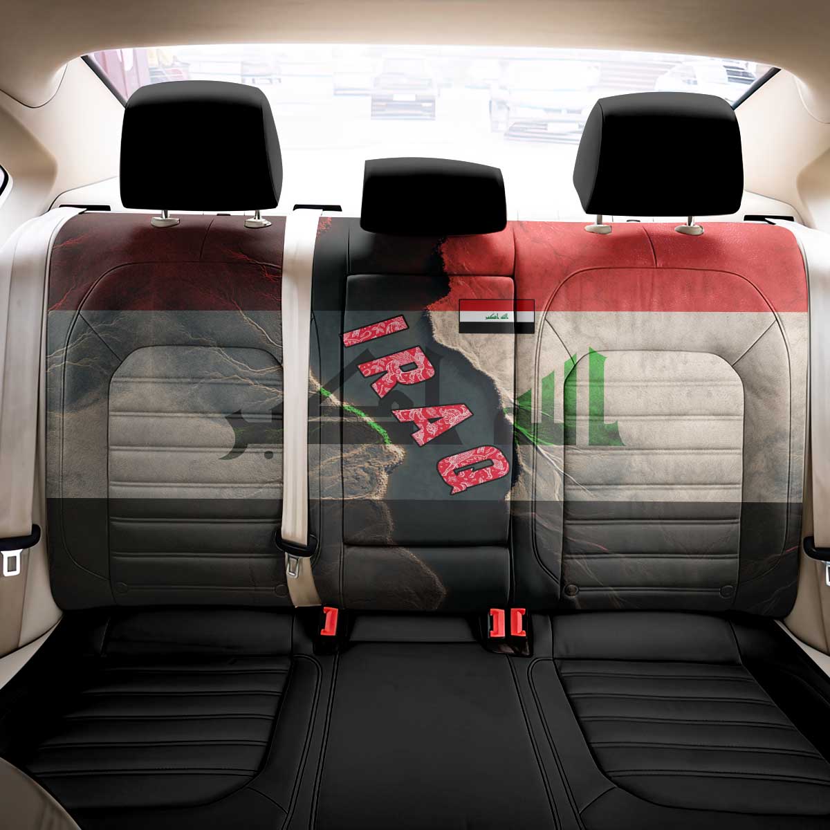 Iraq Flag Texture Back Car Seat Cover with Golden Eagle Emblem and Cracked Earth Background Design - Wonder Print Shop