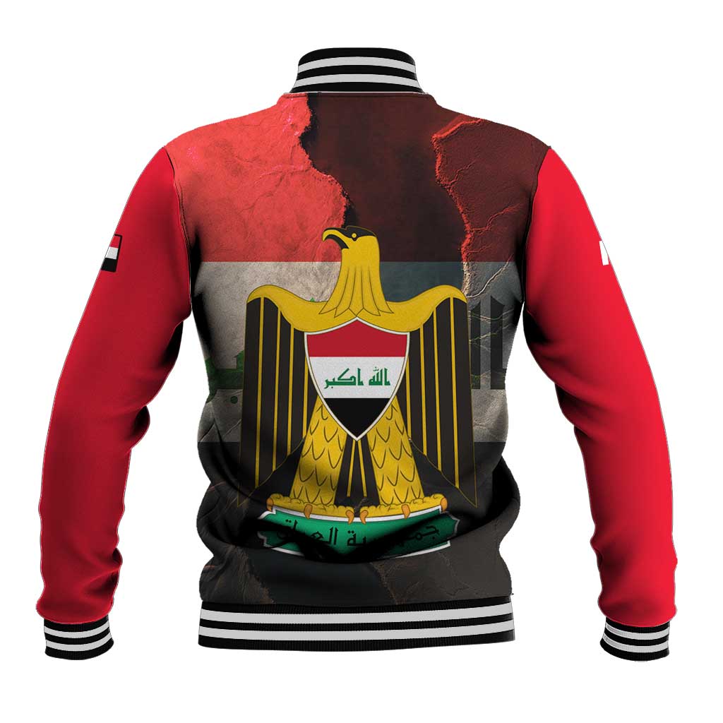 Iraq Flag Texture Baseball Jacket with Golden Eagle Emblem and Cracked Earth Background Design - Wonder Print Shop