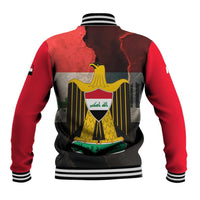 Iraq Flag Texture Baseball Jacket with Golden Eagle Emblem and Cracked Earth Background Design - Wonder Print Shop