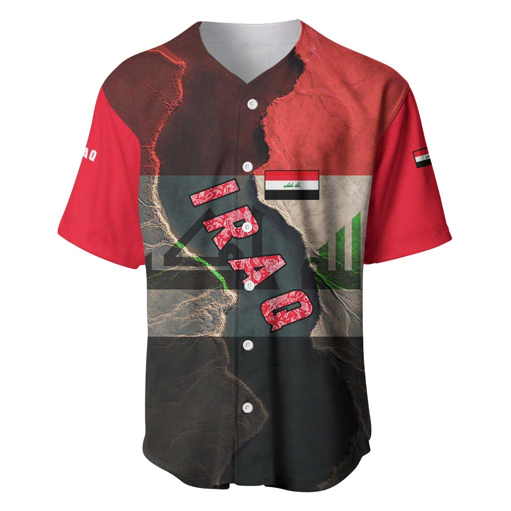 Iraq Flag Texture Baseball Jersey with Golden Eagle Emblem and Cracked Earth Background Design - Wonder Print Shop