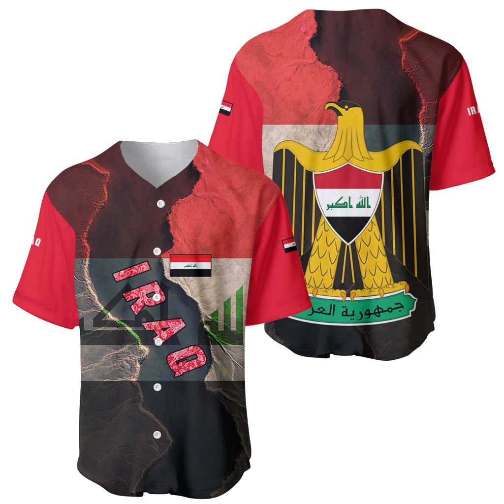 Iraq Flag Texture Baseball Jersey with Golden Eagle Emblem and Cracked Earth Background Design - Wonder Print Shop