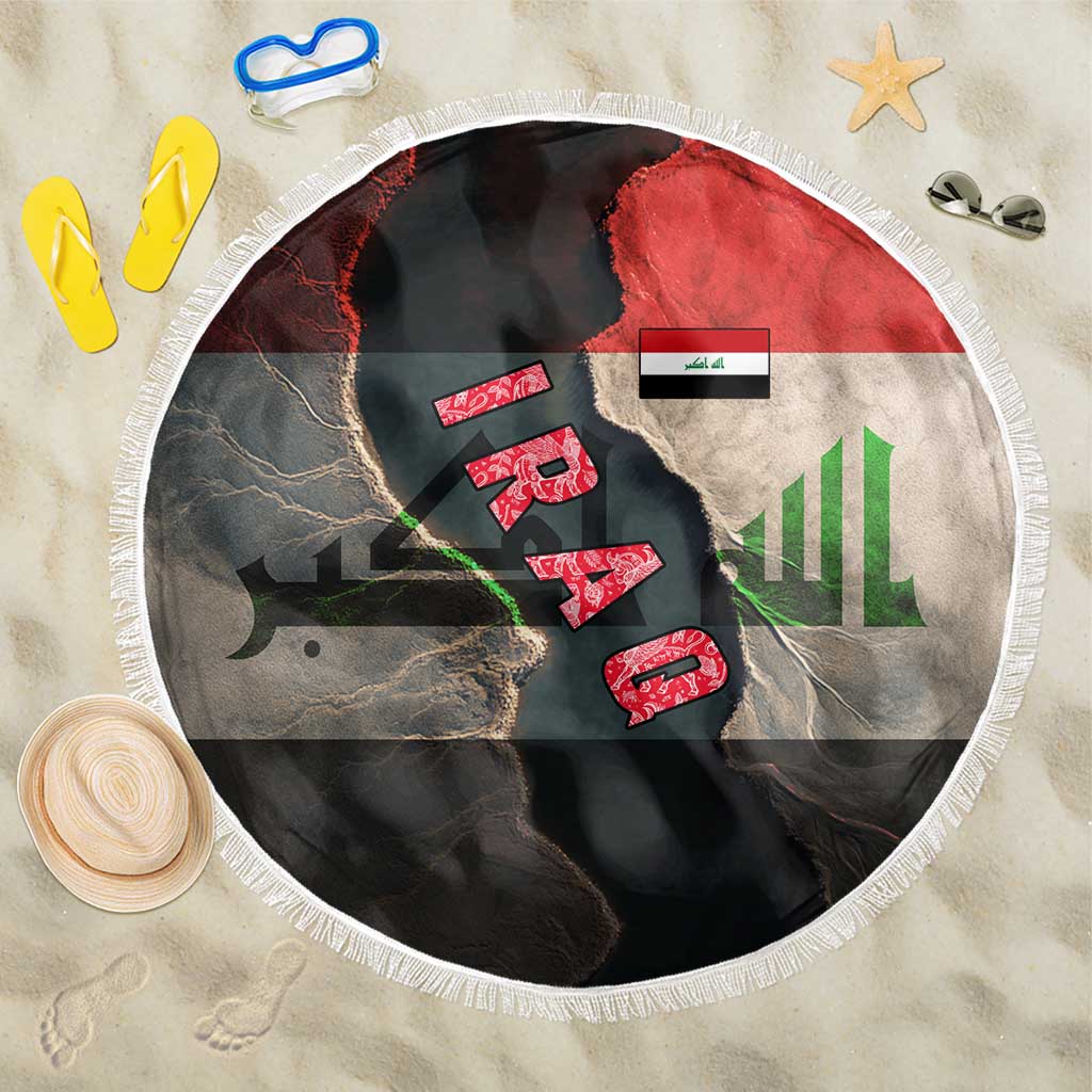 Iraq Flag Texture Beach Blanket with Golden Eagle Emblem and Cracked Earth Background Design - Wonder Print Shop
