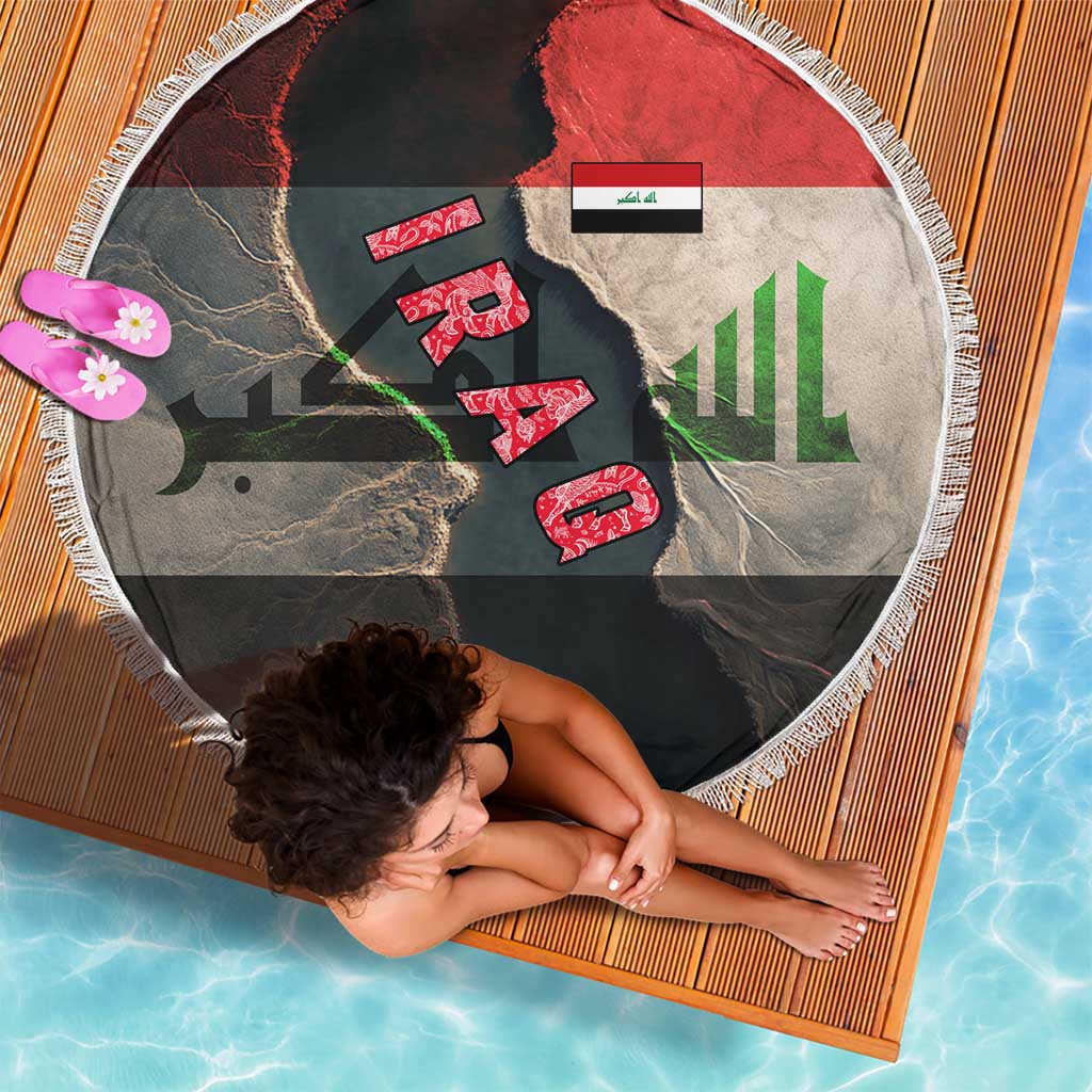 Iraq Flag Texture Beach Blanket with Golden Eagle Emblem and Cracked Earth Background Design - Wonder Print Shop