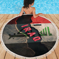 Iraq Flag Texture Beach Blanket with Golden Eagle Emblem and Cracked Earth Background Design - Wonder Print Shop