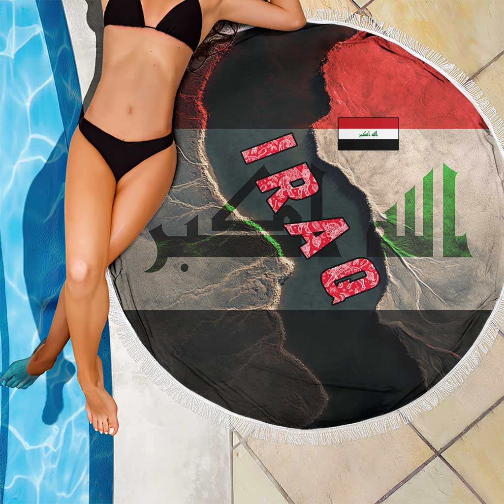 Iraq Flag Texture Beach Blanket with Golden Eagle Emblem and Cracked Earth Background Design - Wonder Print Shop