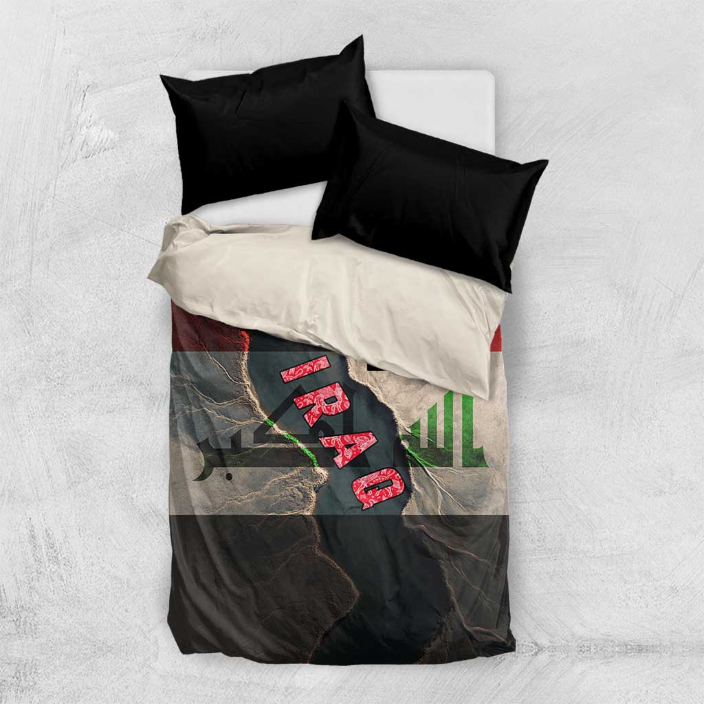 Iraq Flag Texture Bedding Set with Golden Eagle Emblem and Cracked Earth Background Design - Wonder Print Shop