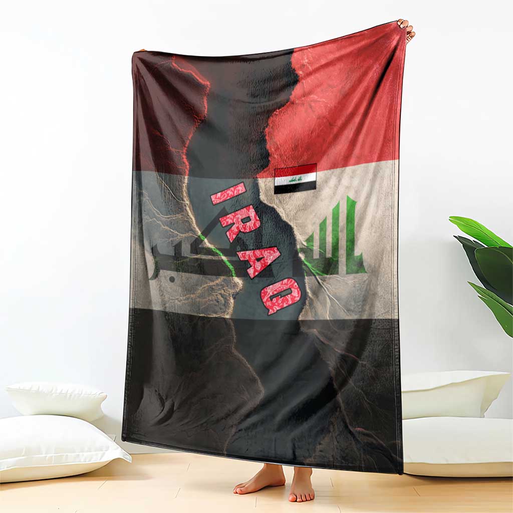 Iraq Flag Texture Blanket with Golden Eagle Emblem and Cracked Earth Background Design - Wonder Print Shop