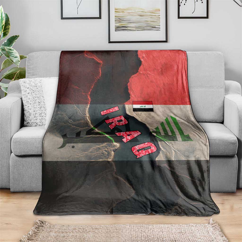 Iraq Flag Texture Blanket with Golden Eagle Emblem and Cracked Earth Background Design - Wonder Print Shop