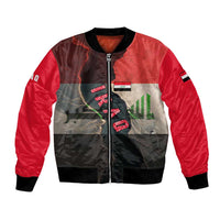 Iraq Flag Texture Bomber Jacket with Golden Eagle Emblem and Cracked Earth Background Design - Wonder Print Shop