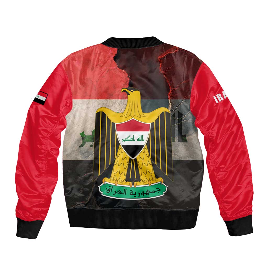 Iraq Flag Texture Bomber Jacket with Golden Eagle Emblem and Cracked Earth Background Design - Wonder Print Shop