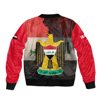 Iraq Flag Texture Bomber Jacket with Golden Eagle Emblem and Cracked Earth Background Design - Wonder Print Shop