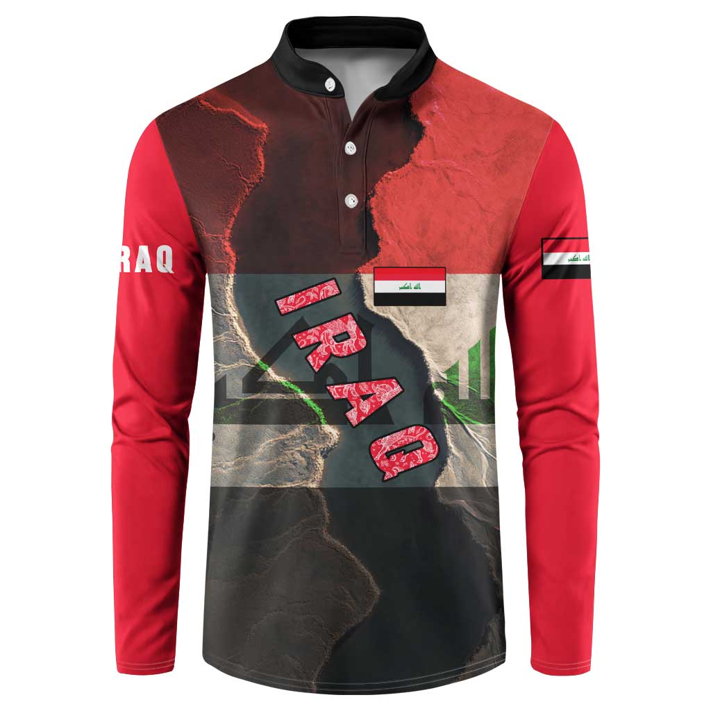 Iraq Flag Texture Button Sweatshirt with Golden Eagle Emblem and Cracked Earth Background Design - Wonder Print Shop