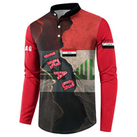 Iraq Flag Texture Button Sweatshirt with Golden Eagle Emblem and Cracked Earth Background Design - Wonder Print Shop