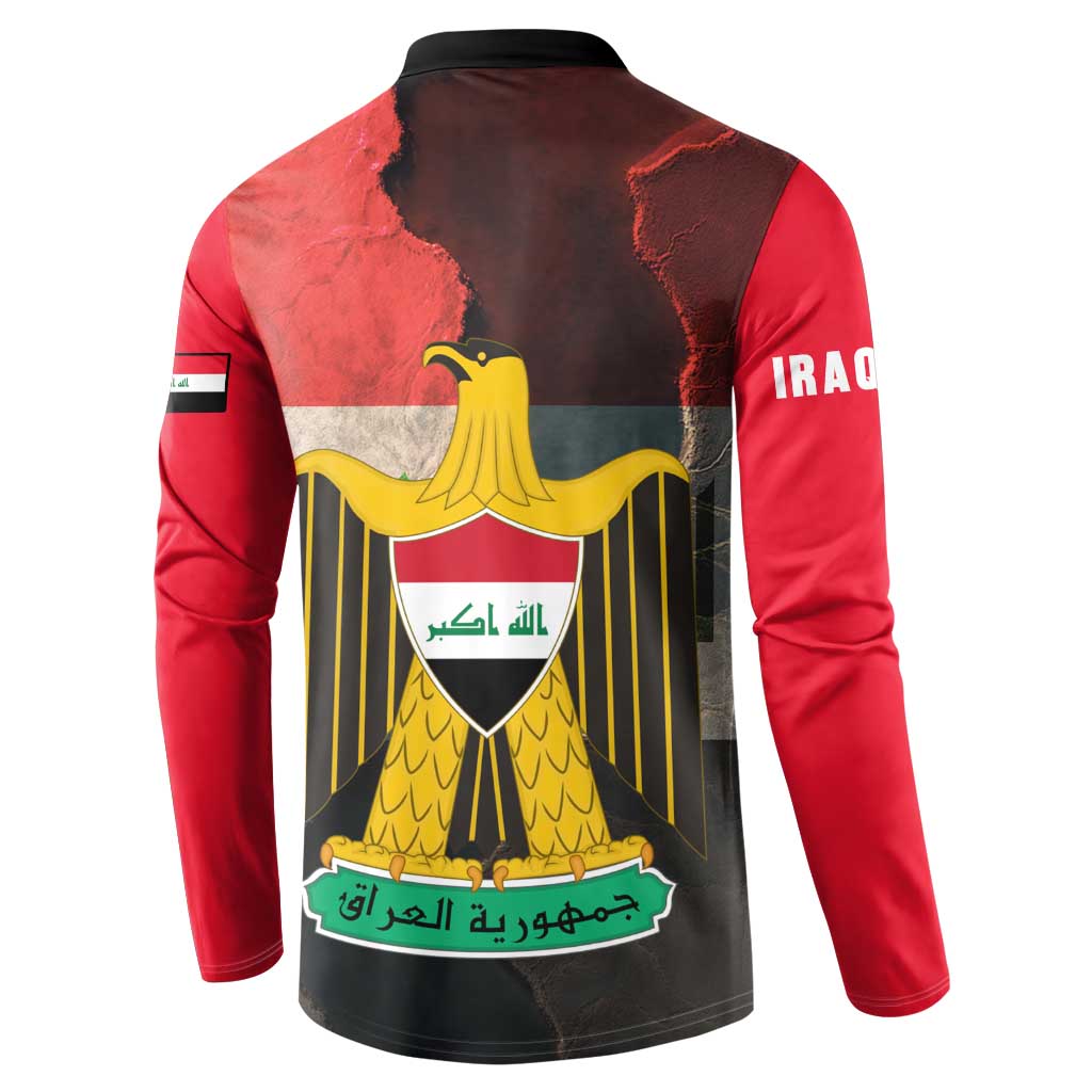 Iraq Flag Texture Button Sweatshirt with Golden Eagle Emblem and Cracked Earth Background Design - Wonder Print Shop