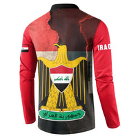 Iraq Flag Texture Button Sweatshirt with Golden Eagle Emblem and Cracked Earth Background Design - Wonder Print Shop