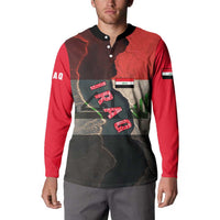 Iraq Flag Texture Button Sweatshirt with Golden Eagle Emblem and Cracked Earth Background Design - Wonder Print Shop