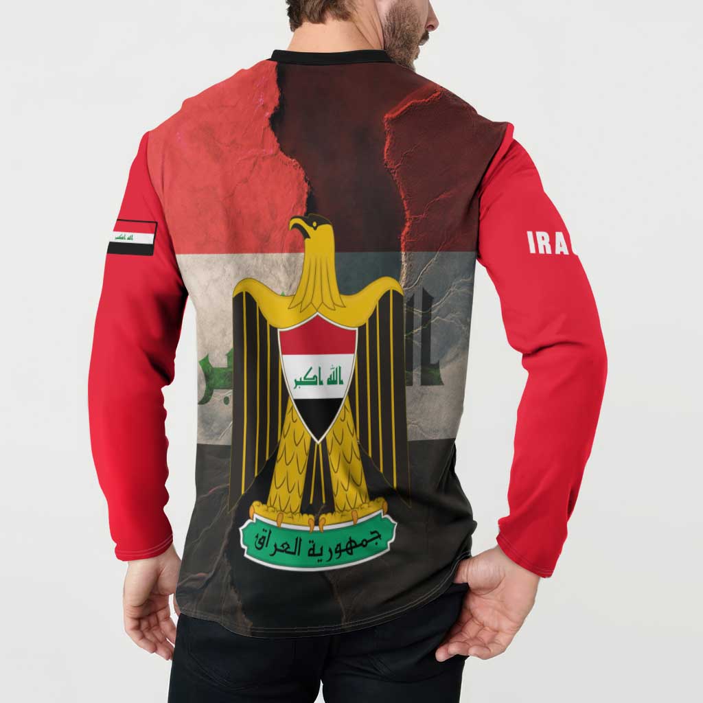 Iraq Flag Texture Button Sweatshirt with Golden Eagle Emblem and Cracked Earth Background Design - Wonder Print Shop