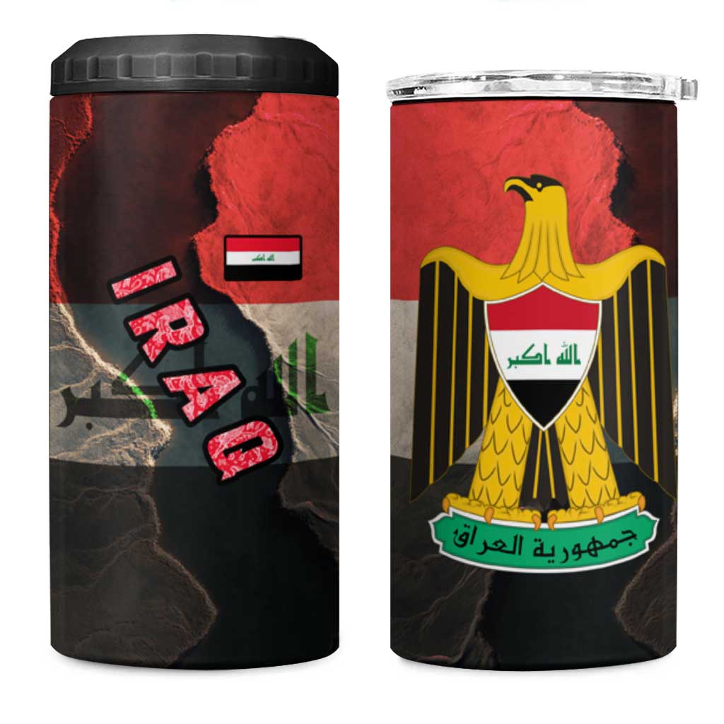 Iraq Flag Texture 4 in 1 Can Cooler Tumbler with Golden Eagle Emblem and Cracked Earth Background Design - Wonder Print Shop