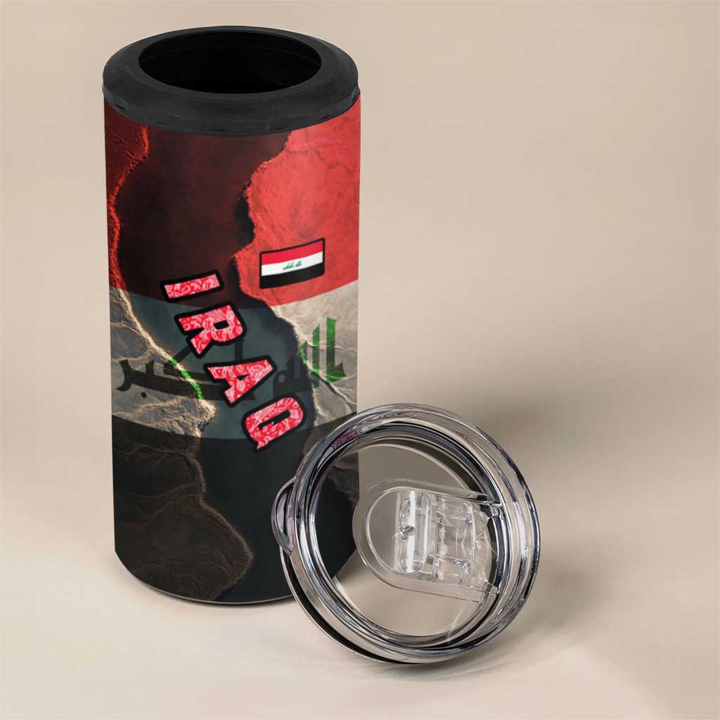 Iraq Flag Texture 4 in 1 Can Cooler Tumbler with Golden Eagle Emblem and Cracked Earth Background Design - Wonder Print Shop