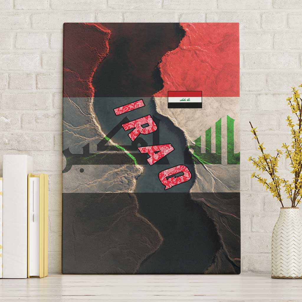 Iraq Flag Texture Canvas Wall Art with Golden Eagle Emblem and Cracked Earth Background Design - Wonder Print Shop