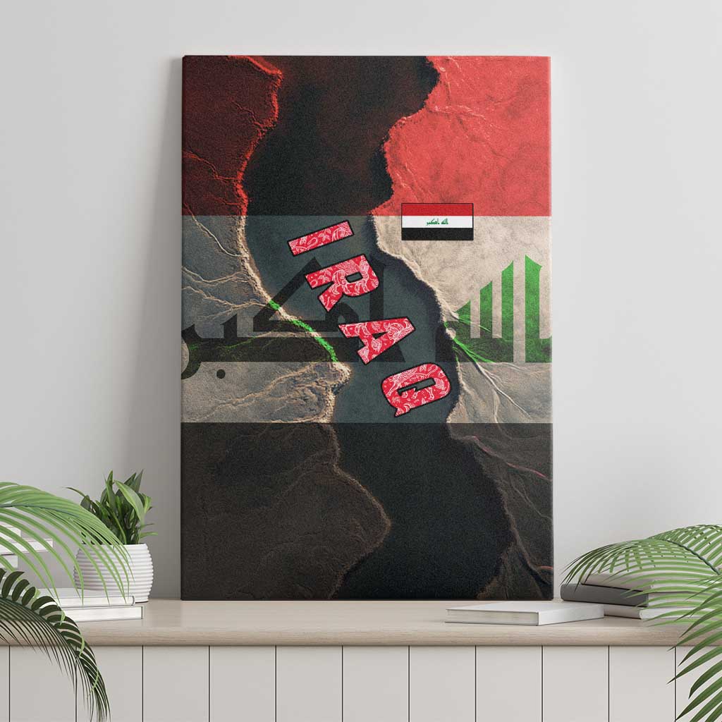 Iraq Flag Texture Canvas Wall Art with Golden Eagle Emblem and Cracked Earth Background Design - Wonder Print Shop