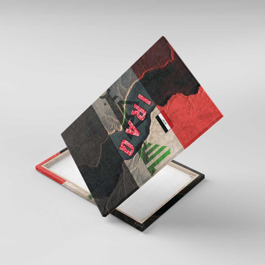 Iraq Flag Texture Canvas Wall Art with Golden Eagle Emblem and Cracked Earth Background Design - Wonder Print Shop