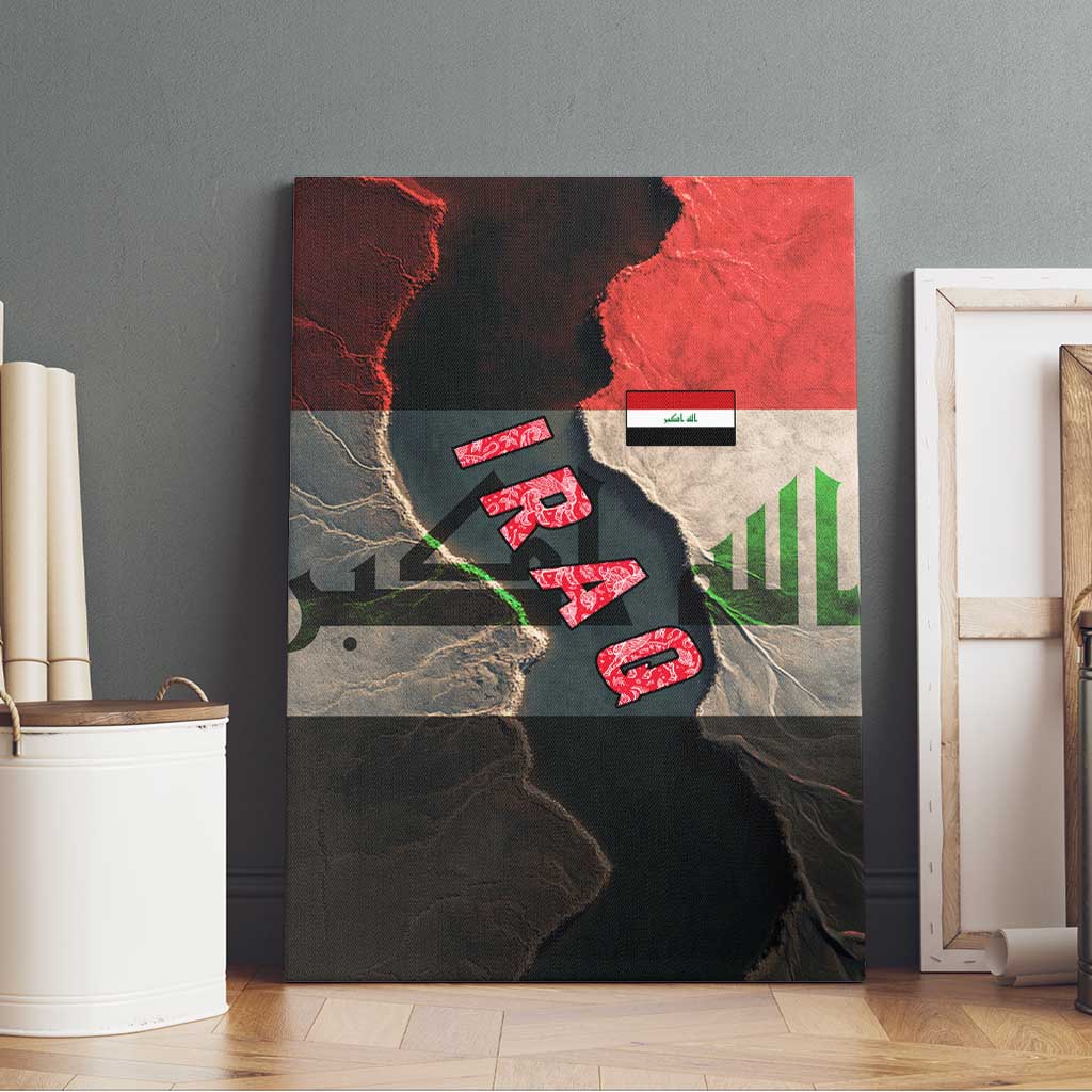 Iraq Flag Texture Canvas Wall Art with Golden Eagle Emblem and Cracked Earth Background Design - Wonder Print Shop