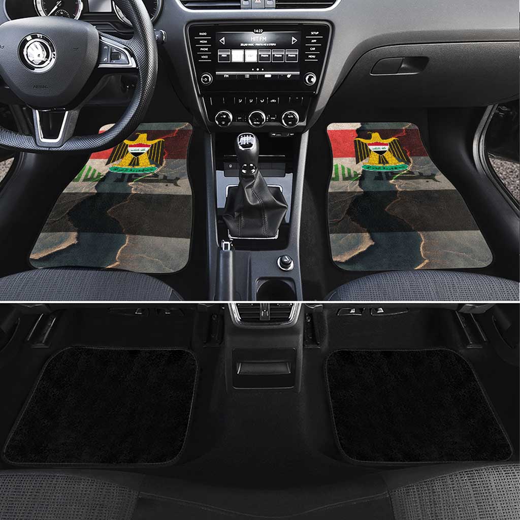 Iraq Flag Texture Car Mats with Golden Eagle Emblem and Cracked Earth Background Design - Wonder Print Shop