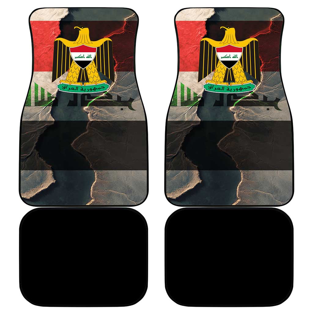 Iraq Flag Texture Car Mats with Golden Eagle Emblem and Cracked Earth Background Design - Wonder Print Shop