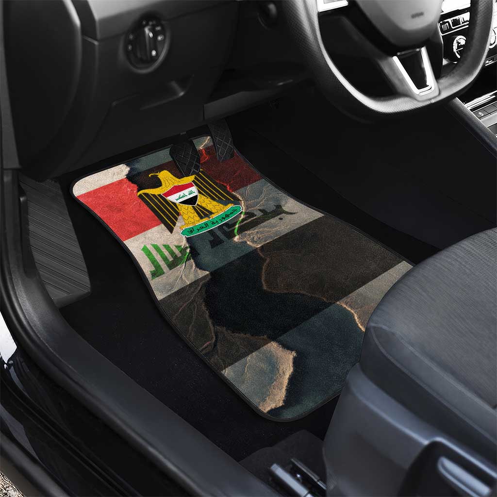 Iraq Flag Texture Car Mats with Golden Eagle Emblem and Cracked Earth Background Design - Wonder Print Shop