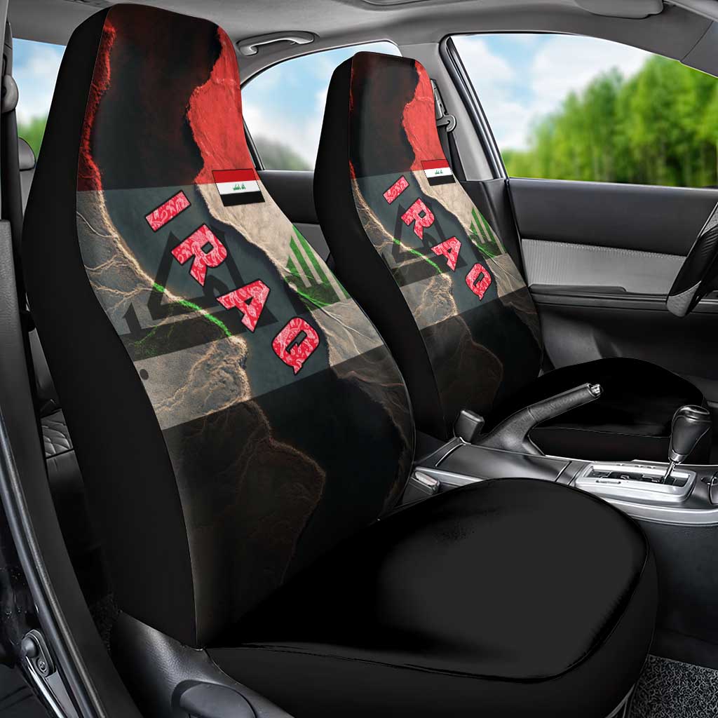 Iraq Flag Texture Car Seat Cover with Golden Eagle Emblem and Cracked Earth Background Design - Wonder Print Shop