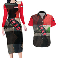 Iraq Flag Texture Couples Matching Long Sleeve Bodycon Dress and Hawaiian Shirt with Golden Eagle Emblem and Cracked Earth Background Design - Wonder Print Shop