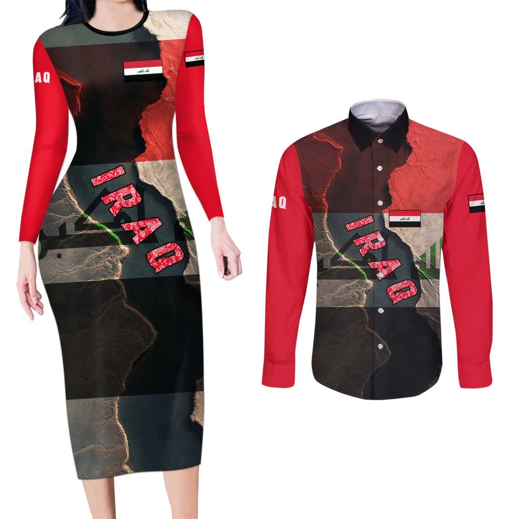 Iraq Flag Texture Couples Matching Long Sleeve Bodycon Dress and Long Sleeve Button Shirt with Golden Eagle Emblem and Cracked Earth Background Design - Wonder Print Shop